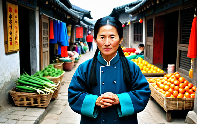 **
A determined, professional-looking rural woman, Qiu Ju, fully clothed in modest, traditional Chinese farming attire, walking purposefully through a vibrant, bustling village marketplace in 1990s China. The background includes colorful stalls selling local produce and goods. Perfect anatomy, correct proportions, natural pose, well-formed hands, proper finger count. Safe for work, appropriate content, fully clothed, family-friendly. High quality, professional photography.
**