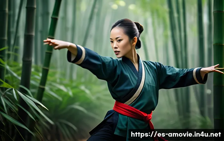 장쯔이 출연작 중 추천 영화 - A dynamic portrait of a female martial artist inspired by Zhang Ziyi’s iconic roles, wearing traditi...