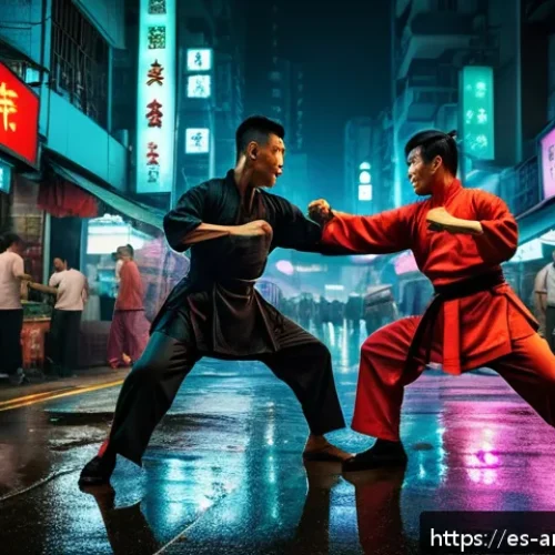 Home 28 홍콩영화 대표작 - A dynamic action scene inspired by classic Hong Kong cinema, featuring two skilled martial artists i...