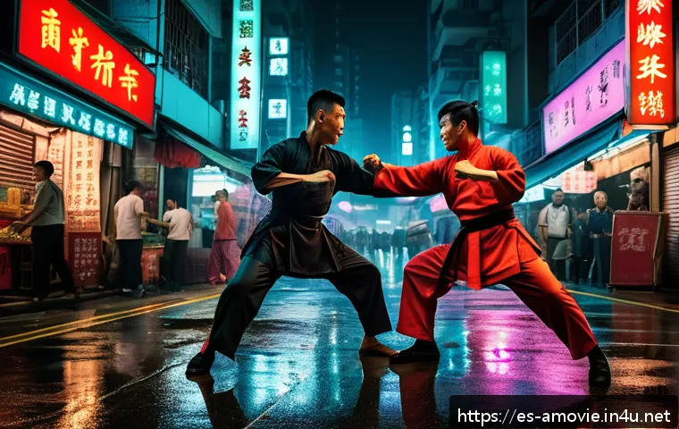 홍콩영화 대표작 - A dynamic action scene inspired by classic Hong Kong cinema, featuring two skilled martial artists i...
