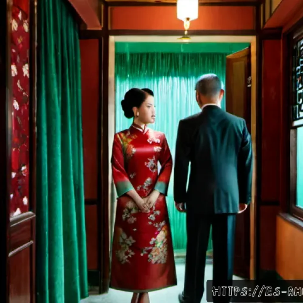 왕가위  2046 와 그 전작의 연결성 - Photorealistic cinematic scene in a 1960s Hong Kong hotel corridor, a solitary Chinese man in a dark...