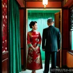 왕가위  2046 와 그 전작의 연결성 - Photorealistic cinematic scene in a 1960s Hong Kong hotel corridor, a solitary Chinese man in a dark...