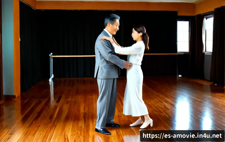 일본영화  쉘 위 댄스 의 흥행 비결 - Photorealistic cinematic scene of a shy middle-aged Japanese office worker in a modest gray suit pra...